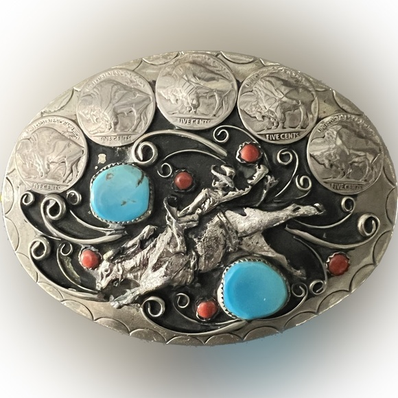 Hand Crafted SQUAW WRAP Signed Silver Belt Buckle Turquoise Coral Cowboy Horse - Picture 6 of 7